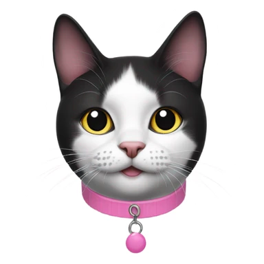 Black and white cat with a black spot on nose and pink collar sticker