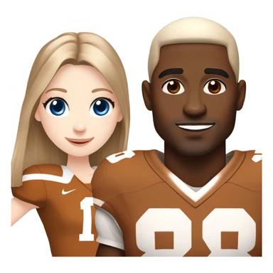 Beautiful girl, pale skin, blue eyes, long straight beautiful light brown hair, wearing Texas Longhorn football cheerleading uniform, standing next to handsome black man wearing Texas longhorn football jersey sticker