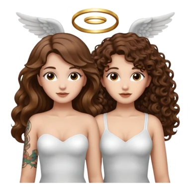 fake angel pose — long wavy brown hair tattooed woman and short tight curly brown hair woman — halo sparkle sticker