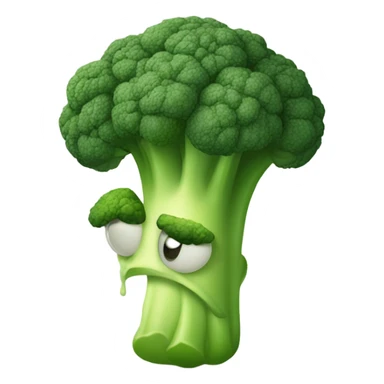 A sad broccoli with downcast eyes and a trembling lip looks upset, as if saying goodbye. Emoji style, simple and friendly, with soft outlines and bright colors. sticker
