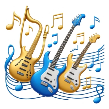 Create an elegant and dynamic emoji that represents music arrangement and orchestration. The design should feature musical notes, a synthesizer, drums, and an electric guitar, symbolizing the diverse instruments used in arranging and orchestrating music. Incorporate flowing lines to represent harmony and rhythm, with a subtle representation of sheet music. Use a combination of vibrant and classic colors like electric blue, gold, and silver, blending the electronic and traditional aspects of arrangement. The background should be transparent. sticker