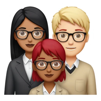 Three people one Indian male with black hair, one red haired female with glasses, one blonde haired, female with glasses ￼ sticker