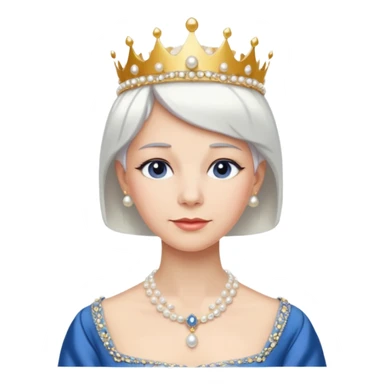 Queen with white short hair – gold tiara, pearl necklace, elegant gown, blue dress sticker