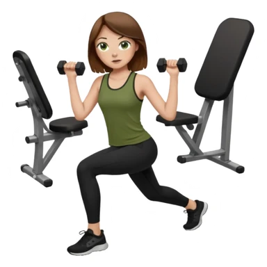 Girl with green eyes, brown hair, light skin, and freckles wearing an olive green top with black leggings working out sticker