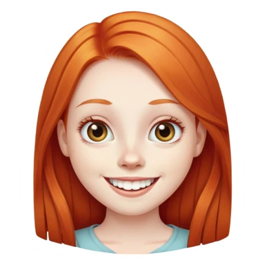 traditional simple emoji of young girl with very pale skin, long straight bright ginger red hair, big eyes, big smile with teeth showing, classic round face sticker