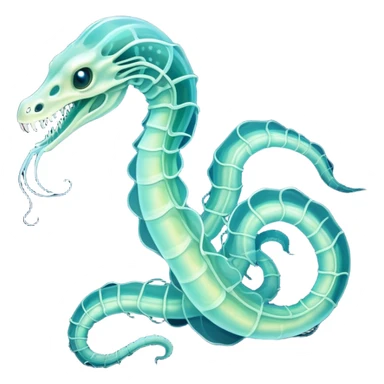 A phosphorescent deep-sea serpent with translucent scales that reveal its glowing skeleton, possessing both jellyfish-like tendrils and the ability to generate electrical pulses that illuminate the ocean depths. sticker