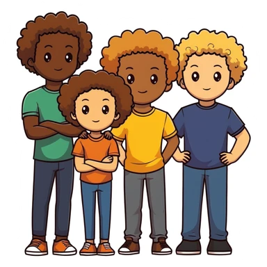 Group of diverse friends standing together, including a dark-skinned boy, a light-skinned blonde boy, a light-skinned girl with dark hair, a mixed-race girl with brown hair, a light-skinned person with curly hair, a mixed-race person with dark curly hair, and in the center a mixed-race person with wavy hair sticker