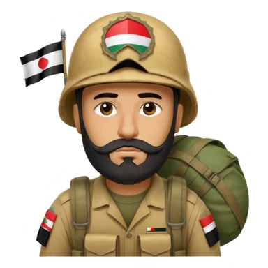 A tired, swarthy Iraqi soldier with a beard, an Iraqi flag on his helmet, a sad expression and bags under his eyes sticker