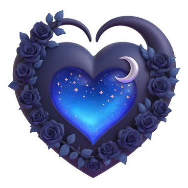 3D emoji gothic heart, midnight blue glass, silver crescent moon, tiny black roses, shimmering stardust, swirling galaxy background sticker