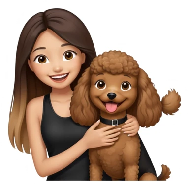 a asian girl with long straight balayage hair, long lashes, laughing, wearing black halterneck top, and holding a brown poodle sticker