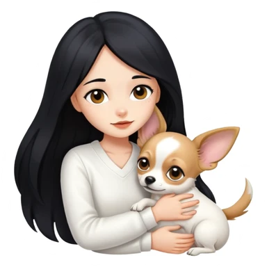 Fair skin girl - long black hair - white clothes - hugging a chihuahua sticker