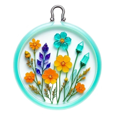 Epoxy resin art icon, jewelry and decorative items made with fluorescent epoxy resin, glowing effect on the resin, finished resin jewelry with dried flowers embedded inside, visible tubes of resin with bright colors, mixing tools, and molds, minimalistic style, clean lines, transparent background sticker