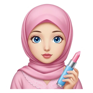 Turkish beautiful finish Konya girl blue eyes with light sakura and pink hijab islamic dress and had on her hand kiko lipgloss and she wearing the lipgloss sticker