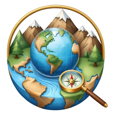 An icon featuring a globe, a compass, and a topographic map, symbolizing geography. The design includes mountain ranges, rivers, and a magnifying glass, representing the study of Earth's landscapes, features, and spatial relationships. Transparent background highlights geographic exploration. sticker
