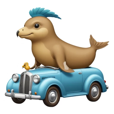 Old fashioned car with a cuckoo sea lion with a bird on his head driving sticker