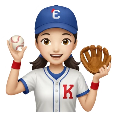 a korean girl cheering her favorite baseball team, wearing the team uniform, baseball cap, and holding baseball sticker