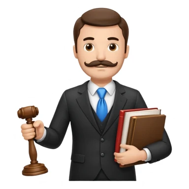 Create a male lawyer. he is wearing a fromal suit jckeret. He is holding a gavel in one hand and a book tucked under his another arm. He has a mustache and BEARD both! sticker