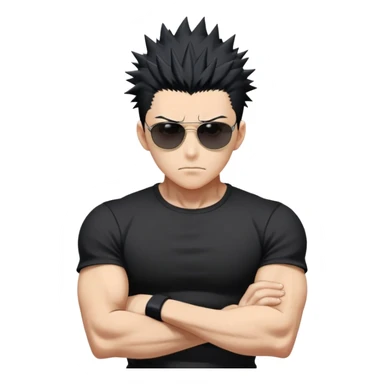 Satoru Gojo from Jujutsu Kaisen with spiky black hair, wearing form-fitting black t-shirt showing muscular build, confident expression, sunglasses on top of head sticker