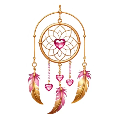 Reddish-pinkish and golden warm-colored romantic lush beautiful pretty hanging crystal-catcher aesthetic with hearts and sparkles and feathers sticker