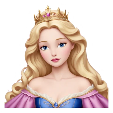 Cinematic Realistic Sleeping Beauty (Aurora) Portrait, with porcelain-like skin featuring a natural rosy flush, illuminated by soft lighting that highlights the gentle contours of her face. Her golden blonde hair flows in soft, detailed waves with subtle highlights that shimmer in the light. Her deep violet-blue eyes radiate warmth and innocence, framed by arched brows and long lashes. Her serene expression exudes quiet elegance. She is dressed in her classic pink gown, the fabric rich in texture with delicate folds that catch the light. A golden crown rests atop her head, gleaming with royal refinement. The portrait captures a soft, glowing aura, blending realism with an ethereal sense of beauty and timeless enchantment. sticker