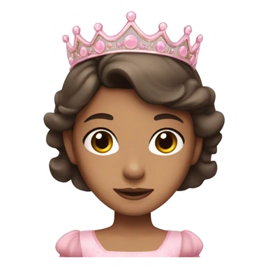 girl with dark brown hair and brown eyes with light tan skin wearing a pink princess dress and a tiara sticker