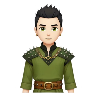 Medieval spring outfit worn by a DnD themed fantasy male character. Moss green cotton tunic with antique brass clasps at the collar, cinched with a tooled leather belt showing simple leaf patterns. Clothes only above the waist, full waist coverage. The character has no arms. Character is white-skinned with jet black hair, deep amber eyes, and short spiky hair with natural texture. sticker