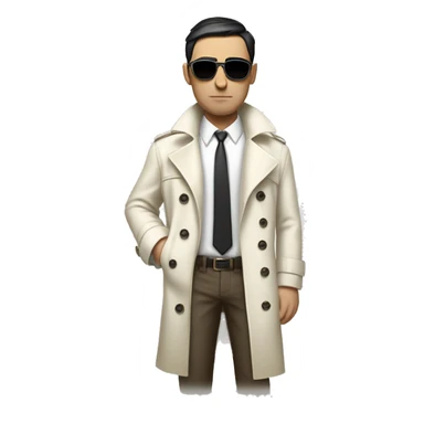<excerpt>
A white man with real short Black hair, short mutton shops donning small red tinted sun glasses in a dirty white trench coat, is serious.
</excerpt> sticker