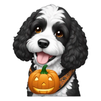 happy black and white cockapoo with a pumpkin and fall bandana sticker