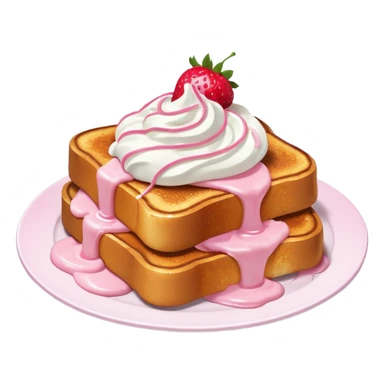 French toast with strawberry on top and pink whipped cream sticker