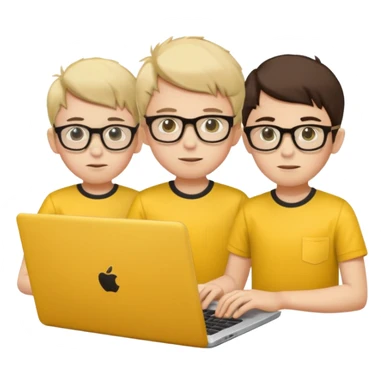 technologist using laptop coding with 2 other technologist color yellow three of it is boy  that using 3 laptop sticker