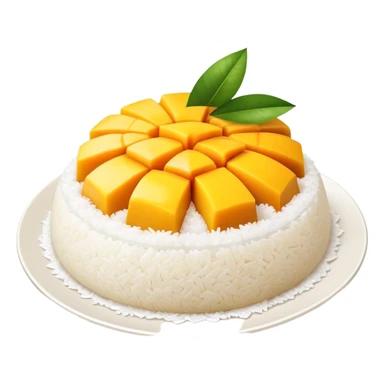 cinematic-realistic-mango-sticky-rice-dessert-emoji,-showcasing-sweet-sticky-rice out of a mould-paired-with-ripe-mango-slices-and-coconut-milk-rendered-with-lifelike-detail-and-warm,-inviting-lighting with the coconut  milk over the rice sticker