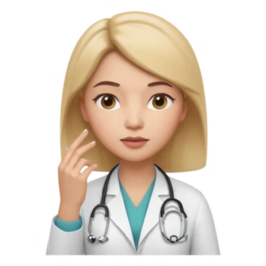 3D memoji female doctor, hand touching chin in thinking pose, thoughtful expression, slightly narrowed eyes, professional medical look, isolated PNG sticker