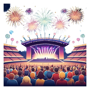 An icon showing a stadium stage with a concert in full swing, bright stage lights illuminating the performers, and fireworks bursting in the sky. The excitement of the crowd is palpable, symbolizing a love for live music and unforgettable shows. transparent background. sticker