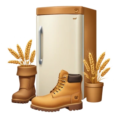 A white refrigerator with a camel head on top, and four Timberland-style wheat colored work boots attached to the bottom corners sticker
