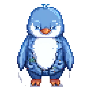 pixel art penguin wearing blue jeans, simple and cute sticker