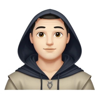 A handsome man with fair complexion. masculine, roman, slightly crooked nose. Thick triangular eyebrows. Hooded eyes and black pupils.  smily lips with a heavy top lid. kpop haircut sticker