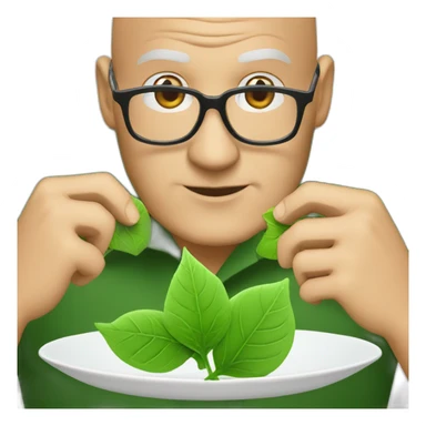 a middle aged bald man in square black glasses wearing a green button up shirt and eating a green leaf sticker