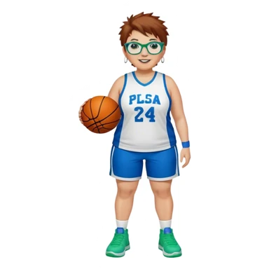 Full Body plus size white female basketball player with short medium brown hair with carmel highlights spikey hair wearing blue glasses 
 wide nose wearing blue green uniform  green sneakers smiling wearing silver hoop earrings sticker