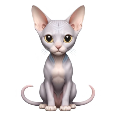 A 3D cartoon silver-gray Sphynx cat with smooth skin, gentle expression, elegant pastel lighting, cinematic Memoji rendering. full body or half body. sticker