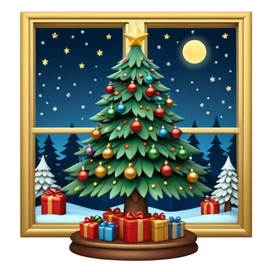 3D rendering realistic still life ultra detailed, christmas tree at night, in front of a glass window sticker