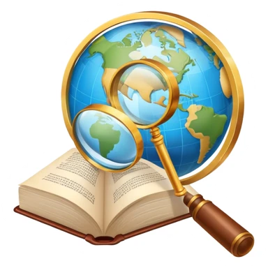 An icon featuring an open book, a speech bubble, and a magnifying glass, symbolizing philology and linguistics. The design includes language symbols, a globe, and alphabet letters, representing the study of languages and their structures. Transparent background  sticker
