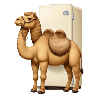 A white refrigerator with a camel head sticking out from the top and four camel legs with Timberland boots coming out from the bottom sticker