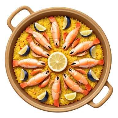 cinematic-realistic-paella-dish-emoji,-depicted-as-a-vibrant,-aromatic-rice-dish-loaded-with-seafood,-chicken,-and-saffron-rendered-with-rich-textures-and-dynamic,-warm-lighting with a lemon slice in the middle sticker