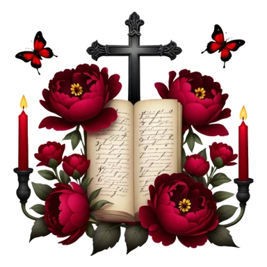 A dark, romantic composition featuring deep red peonies and pansies intertwined with blackened love letters, surrounded by glowing crimson candles. Butterflies in various shades of red flutter around Gothic crosses, creating an eerie yet passionate atmosphere. sticker