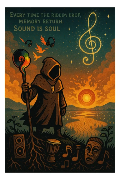 Create a mythical, animated-style poster set in a timeless world where sound is sacred. At the center, a hooded guardian of rhythm stands on a hill, overlooking a vast land shaped like a giant soundwave.

He holds a staff made of melted vinyl records, glowing with faint reggae colours — red, gold, and green. Around his neck is a lion’s fang pendant, and behind him, a swirling constellation shaped like a treble clef lights the sky.

From the earth, roots twist upward into musical notes, connecting instruments, speakers, and ancestral masks half-buried in the soil.

A flock of birds made from broken headphones and fire rises from the horizon — flying toward a glowing sun that pulses like a subwoofer.

Below, scattered across the valley, are tiny glowing embers — each one representing a soul still dancing, still alive.

In the sky, faint words form from the clouds:
“Every time the riddim drop, memory return. Sound is soul.”

The artwork should feel ancient, futuristic, and sacredly street — part graffiti, part prophecy, part roots revival. sticker