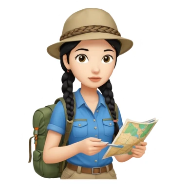 A braid black hair backpacking woman checking her map with curious eyes while walking with camping hat full body sticker