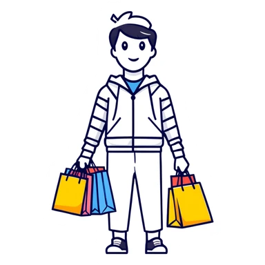 person surrounded by too many shopping bags, cartoon style sticker