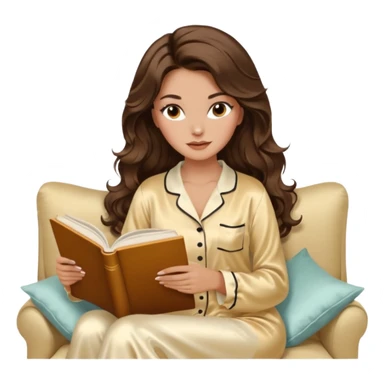 Woman with brunette hair light tanned skin reading on sofa. Long wavy hair. Beige ivory colours. Silk pyjamas. Realistic. Foxeye with lashes. Glamorous makeup sticker