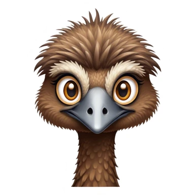 Cinematic Cute Emu Portrait Emoji, Head tilted playfully and inquisitively, featuring a glossy, textured brown plumage with a perky head and round, sparkling eyes full of curious wonder, Simplified yet irresistibly adorable features, highly detailed, glowing with a warm, friendly glow, high shine, affectionate and lively, stylized with a touch of outback whimsy, bright and endearing, soft glowing outline, capturing the essence of a mischievous yet loving emu, so playful it feels like it could gallop out of the screen into your arms! sticker