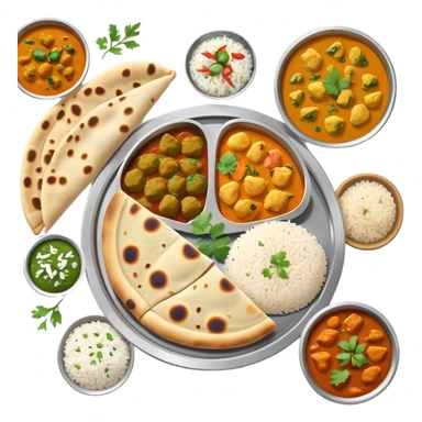 Indian food thali with curry, naan bread, and rice sticker